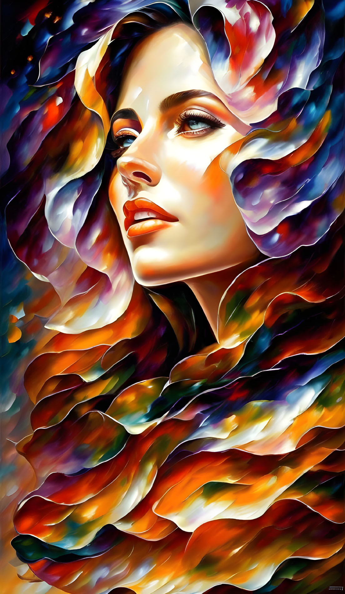 Colorful portrait of a dreamy woman with abstract shapes.