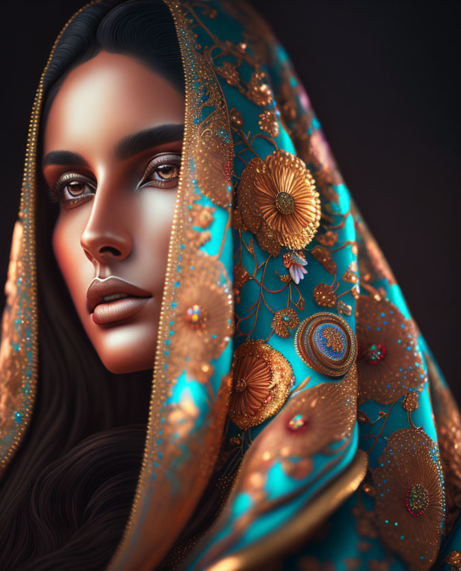 Portrait of woman with deep-set eyes and full lips in gold-embellished blue shawl