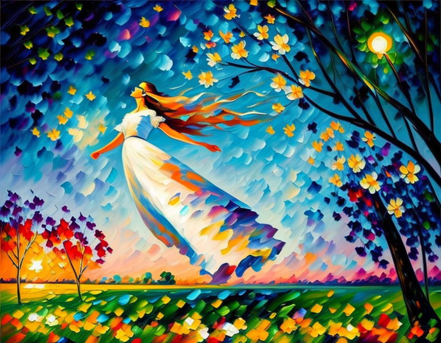 Colorful painting of woman in white dress in whimsical landscape