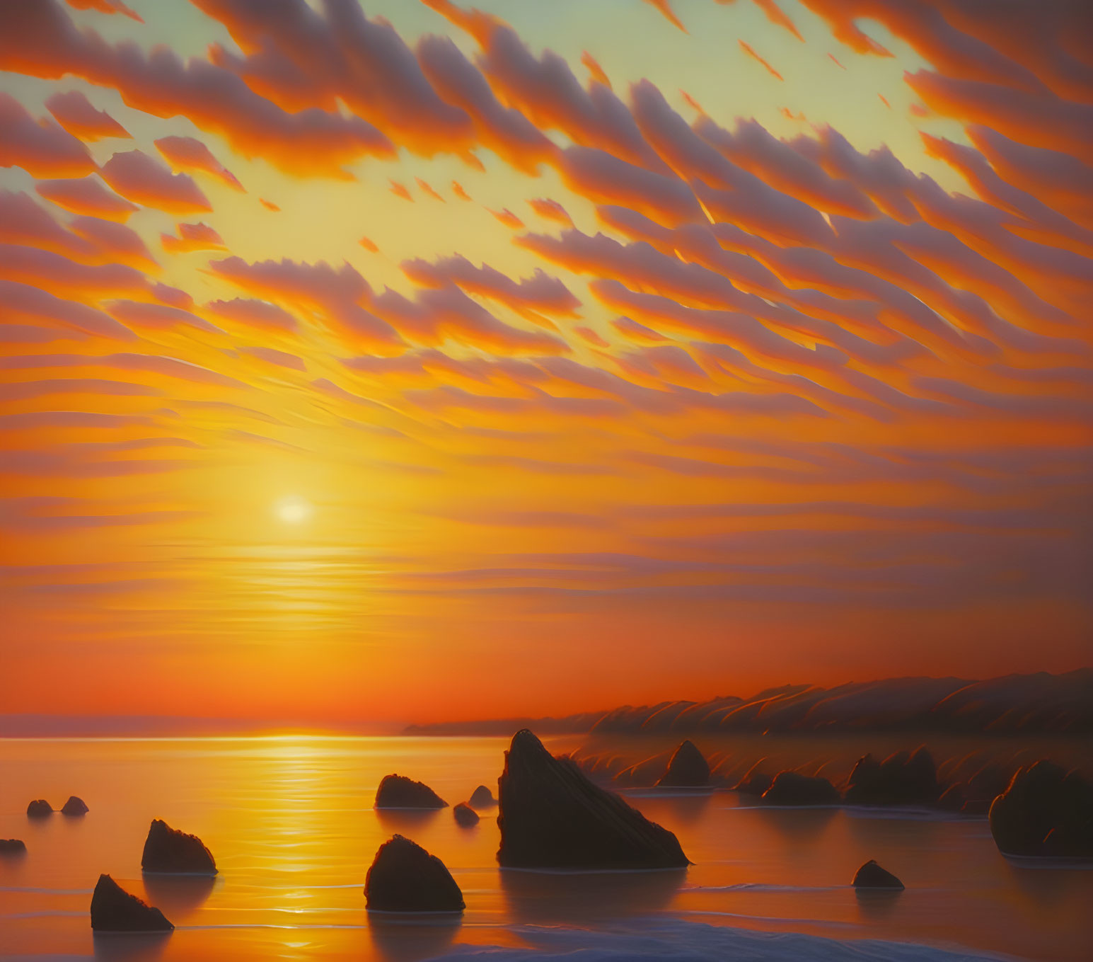 Scenic sunset over calm sea with clouds and silhouetted rocks