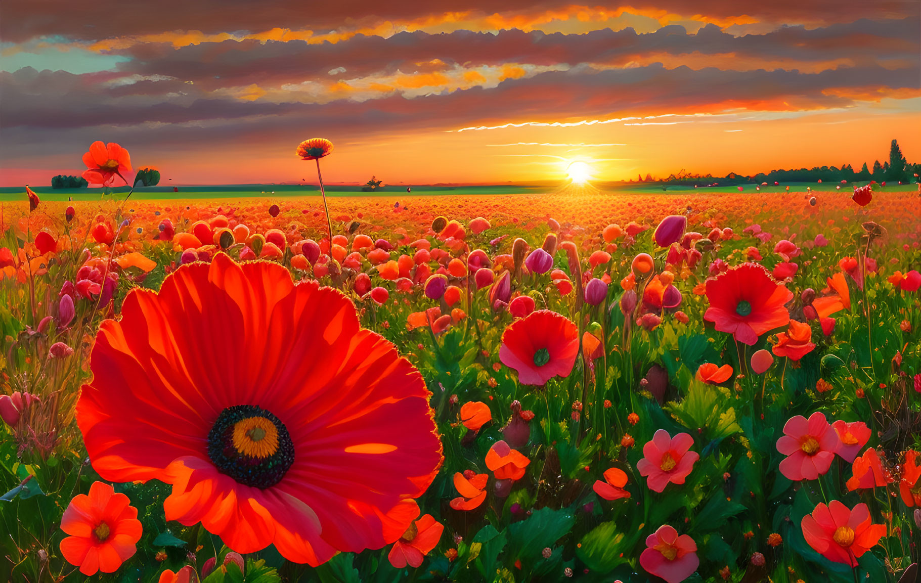 Vibrant sunset over blooming red poppies in field