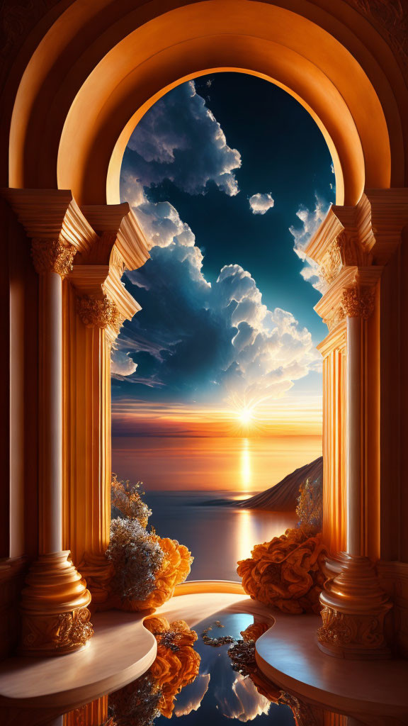 Archway Sunset Overlooking Sea with Reflecting Clouds & Columns