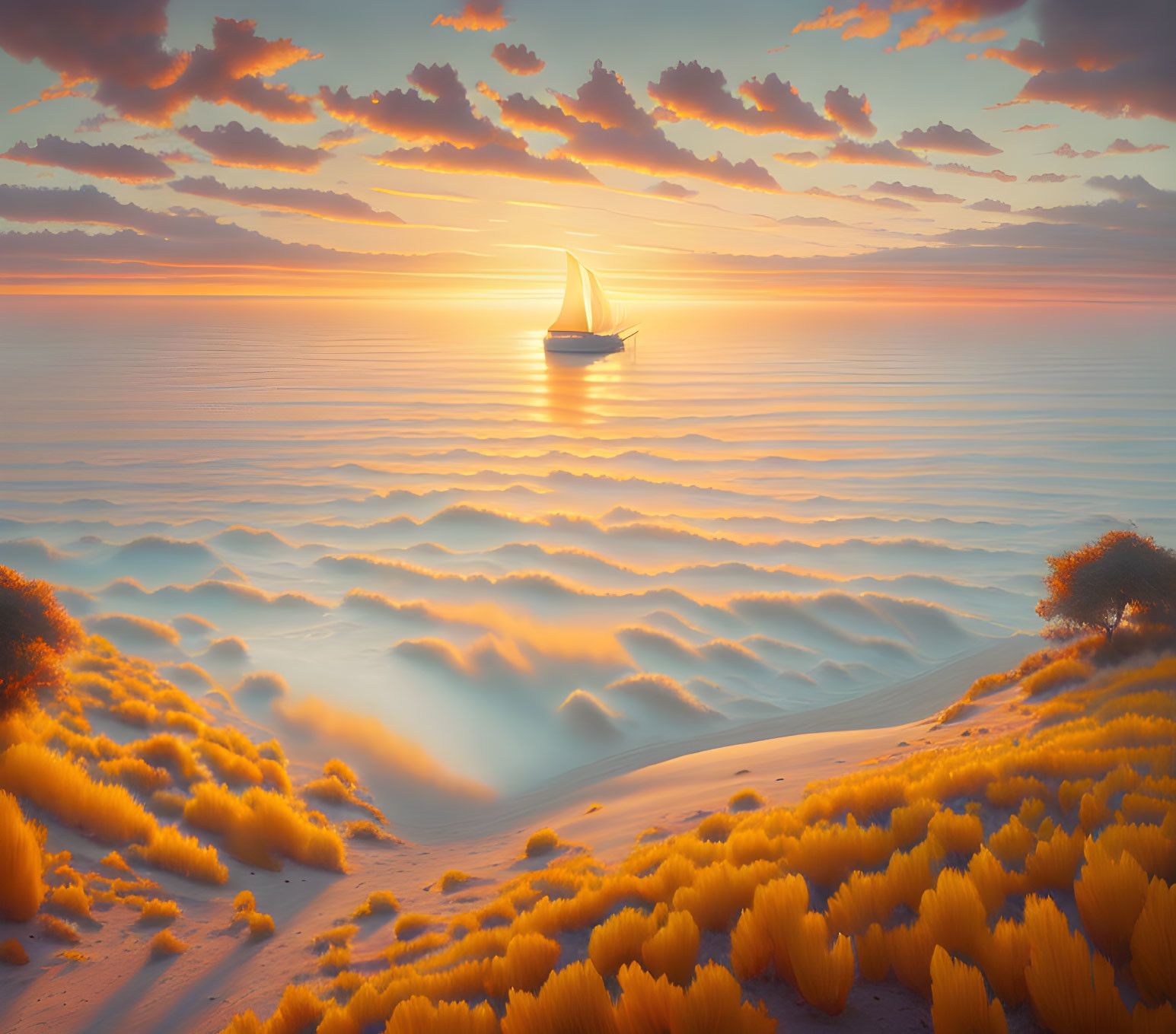 Sailboat drifting on tranquil sea at sunset with golden dunes