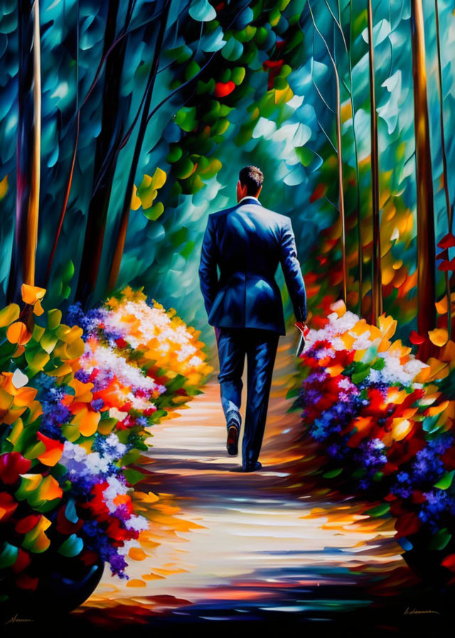 Man in blue suit walks in vibrant forest with colorful flowers and painterly trees