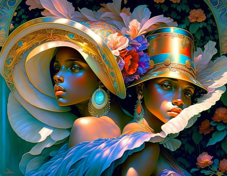 Two women in elegant hats with colorful flowers, set in vibrant, fantastical style