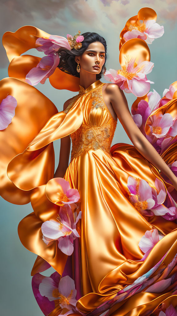 Woman in orange flowy dress with pink flowers, intense gaze