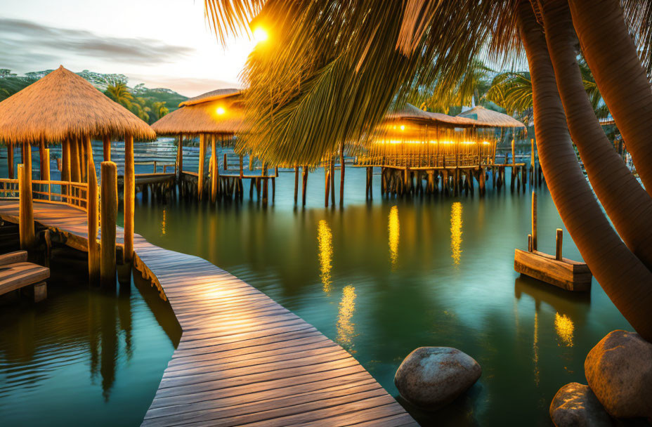 Tranquil tropical resort with wooden jetty, thatched huts, palm trees, and sunset