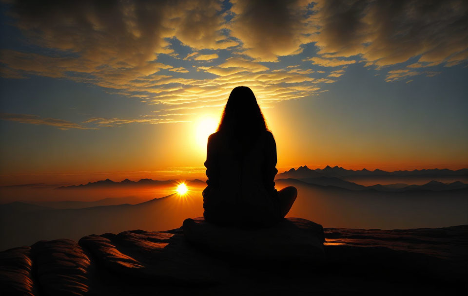 Silhouetted person meditating at sunrise on mountain summit