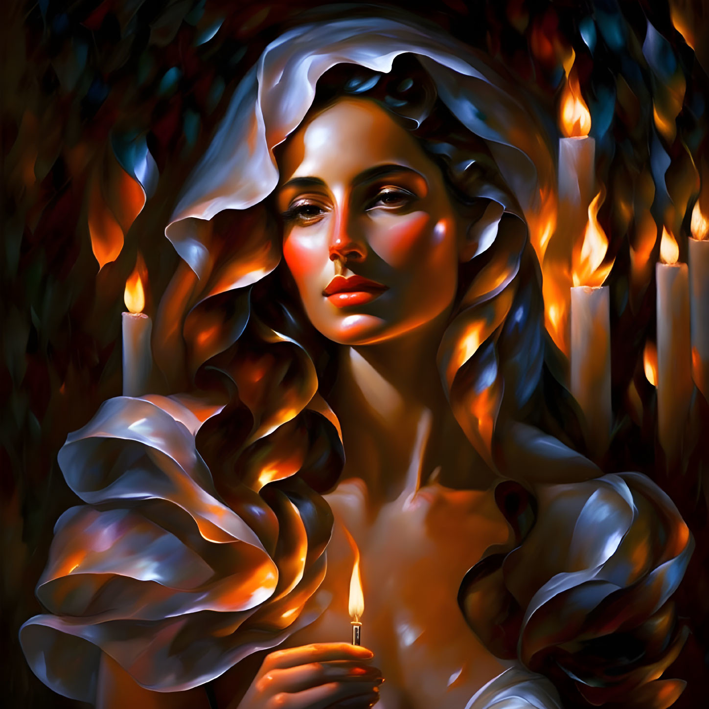 Serene woman draped in flowing fabrics surrounded by glowing candles