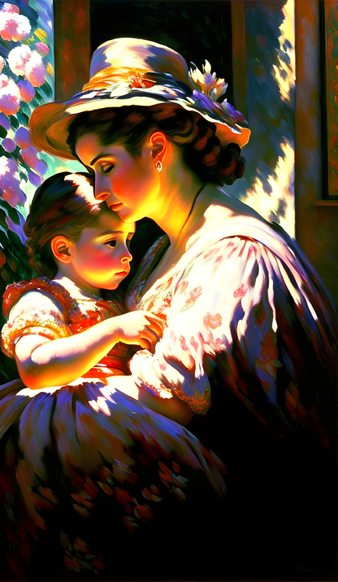 Mother and Child Embracing in Warm Illumination among Vibrant Colors