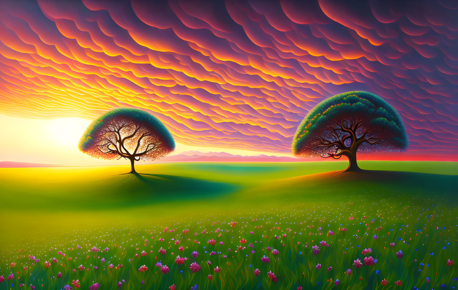 Colorful sunset landscape with two trees, vibrant sky, and pink flower field