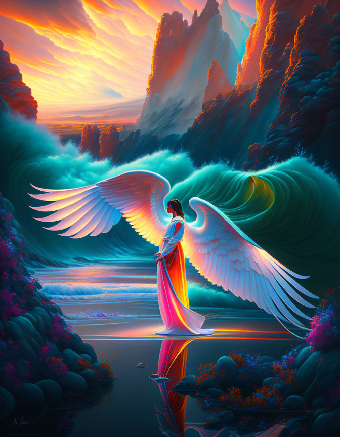 White-winged Angel Standing on Reflective Surface in Vibrant Landscape