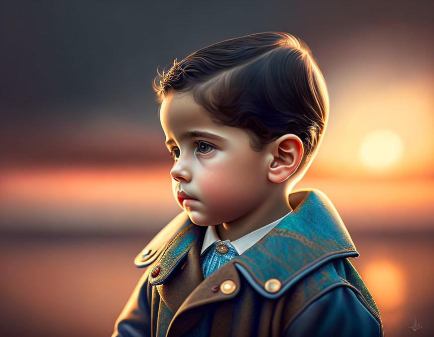 Young boy portrait with dark hair in profile against warm sunset, stylish coat with buttons