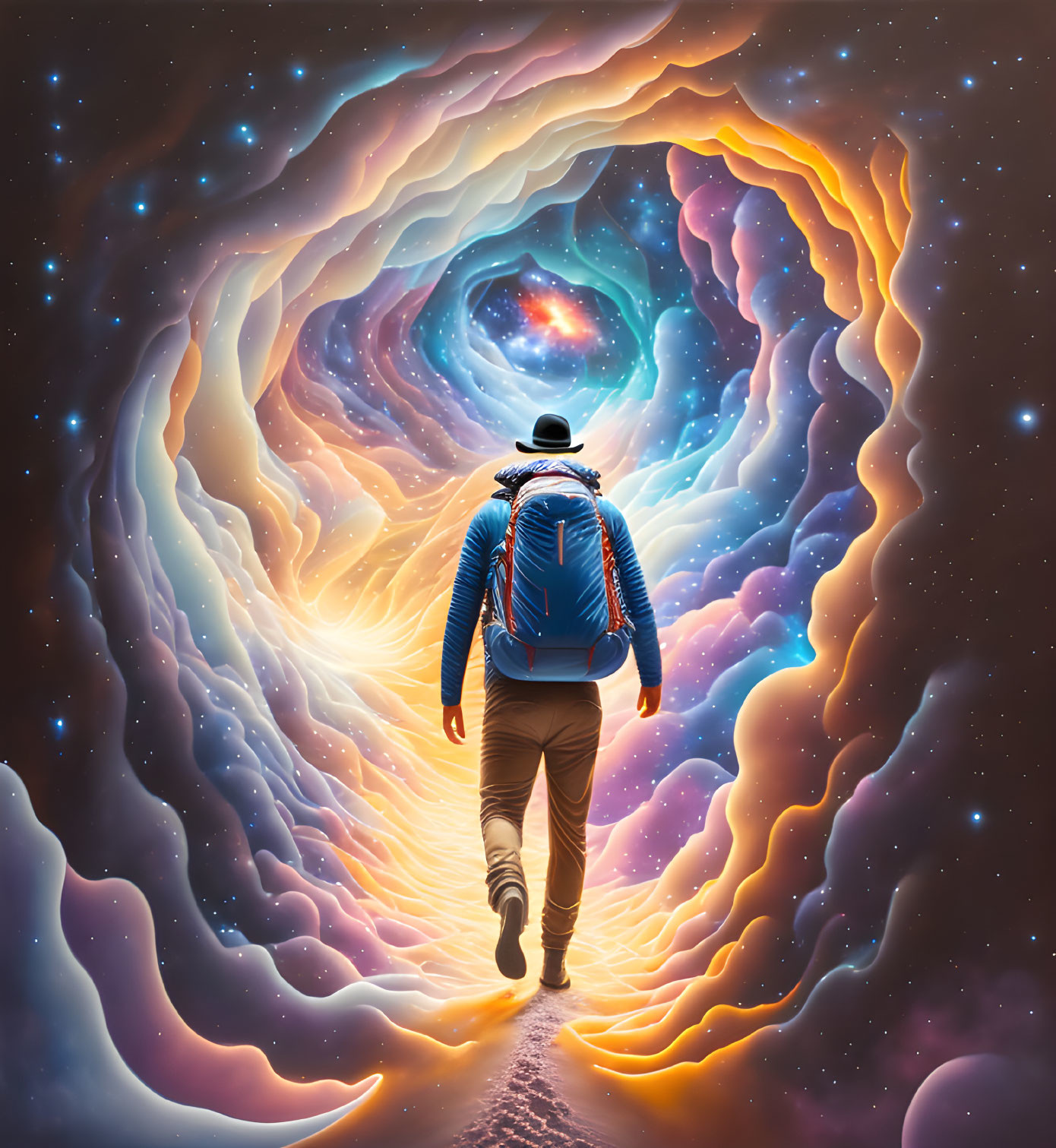 Person walking towards swirling cosmic vortex of stars and nebulae