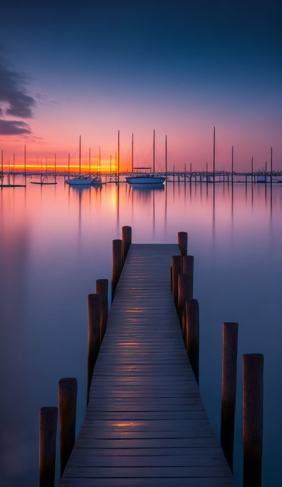 Tranquil twilight scene with wooden jetty, sailboats, and vibrant sky.