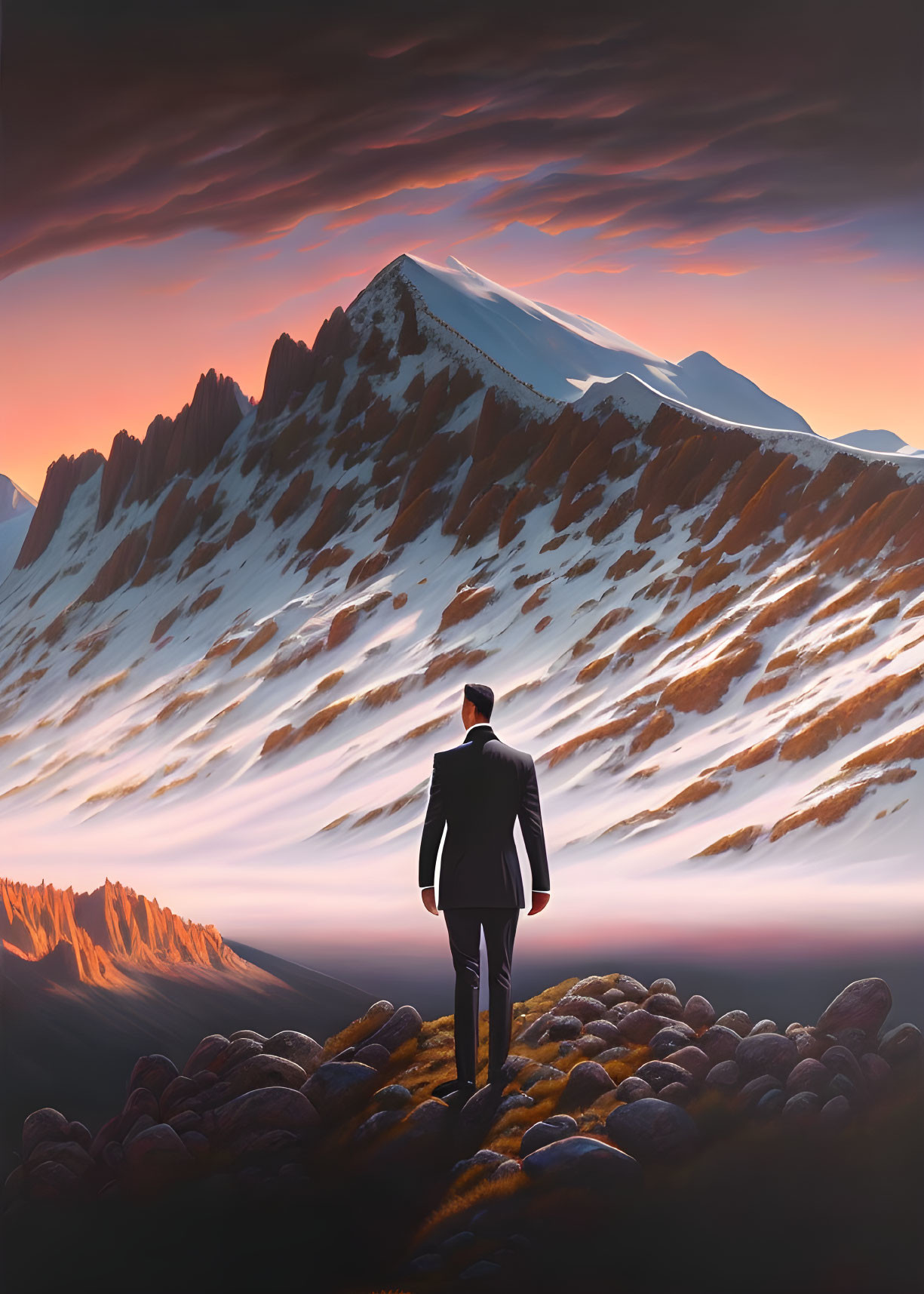 Person in suit gazes at snow-capped mountain under colorful sky