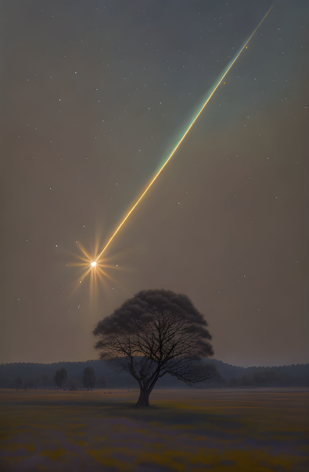 Lonely tree under starry sky with meteor streaking down