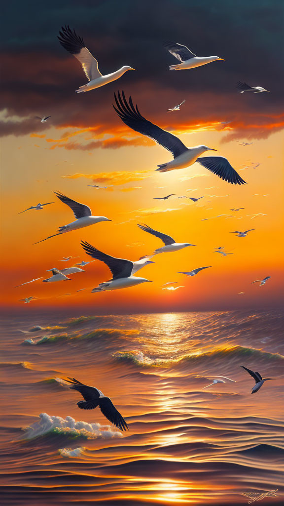 Multiple storks flying over the sea at sunset with vibrant orange and yellow skies.