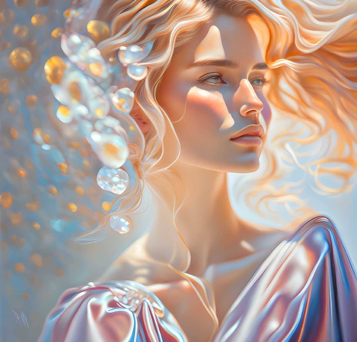 Digital portrait of woman with flowing hair and glowing orbs in warm light