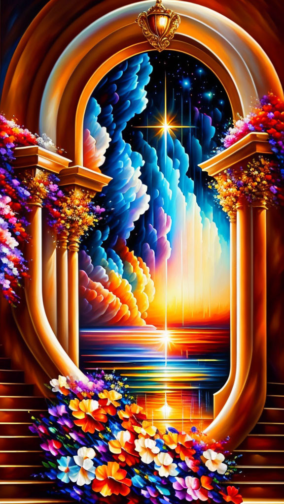 Colorful Surreal Archway Leading to Celestial Scene with Staircases and Flowers