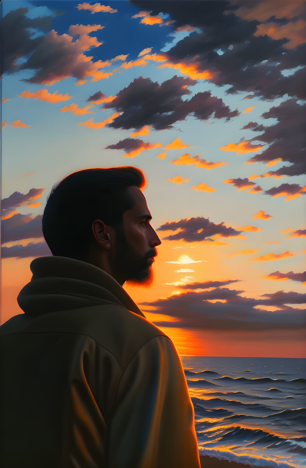 Profile of man gazing at dramatic ocean sunset