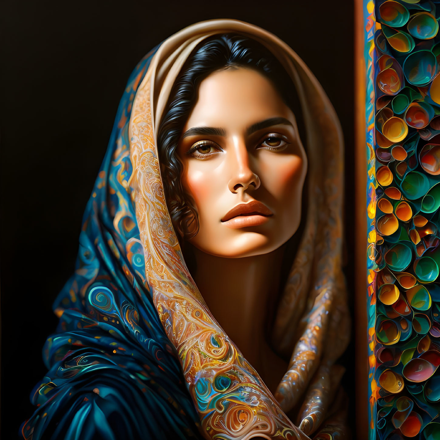 Digital artwork: Woman in ornate shawl, rich colors, intricate patterns, striking features on dark