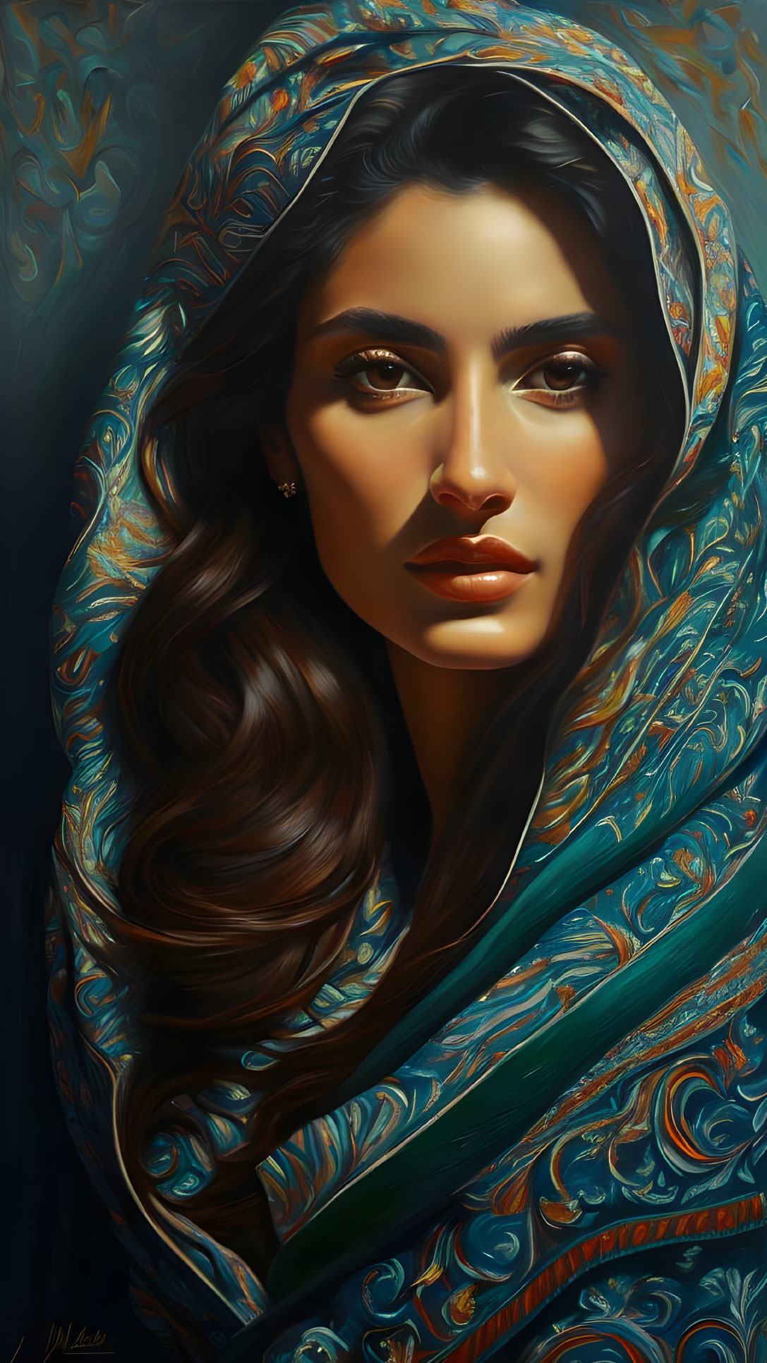 Digital painting of woman with long wavy hair in teal shawl with golden patterns