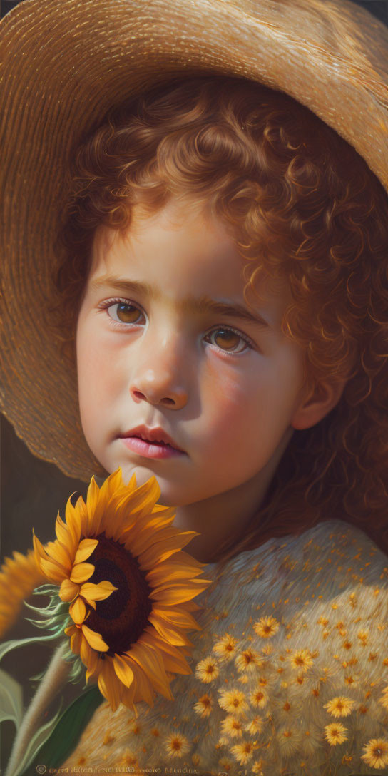 Young child with curly hair in straw hat holding sunflower under warm light