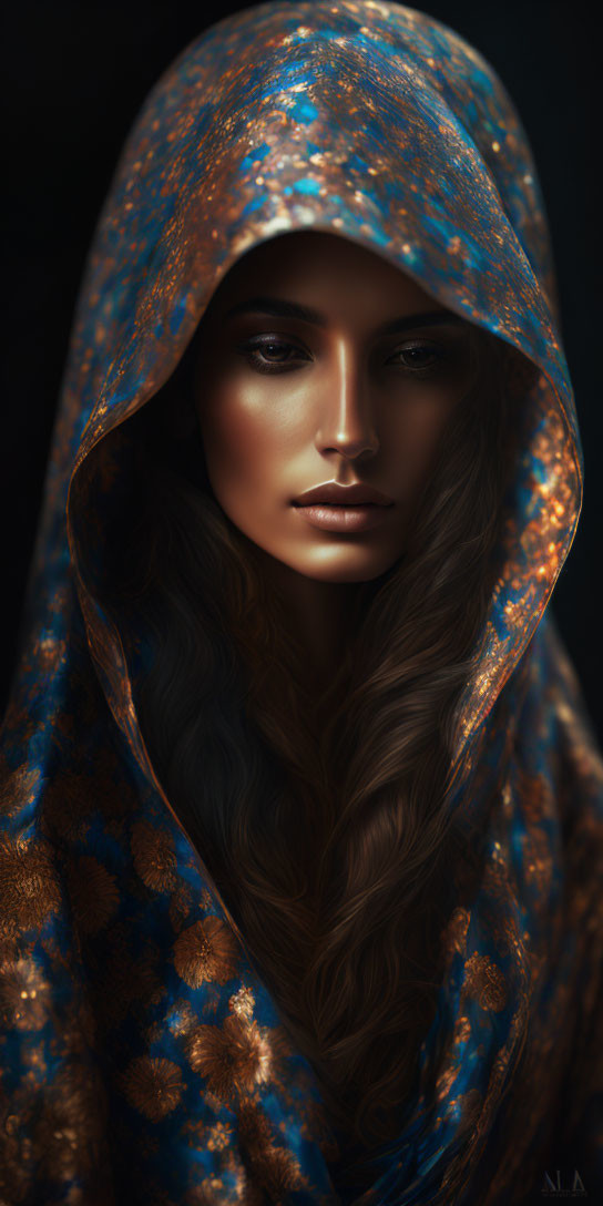 Woman portrait with flowing hair in patterned hooded garment on dark backdrop