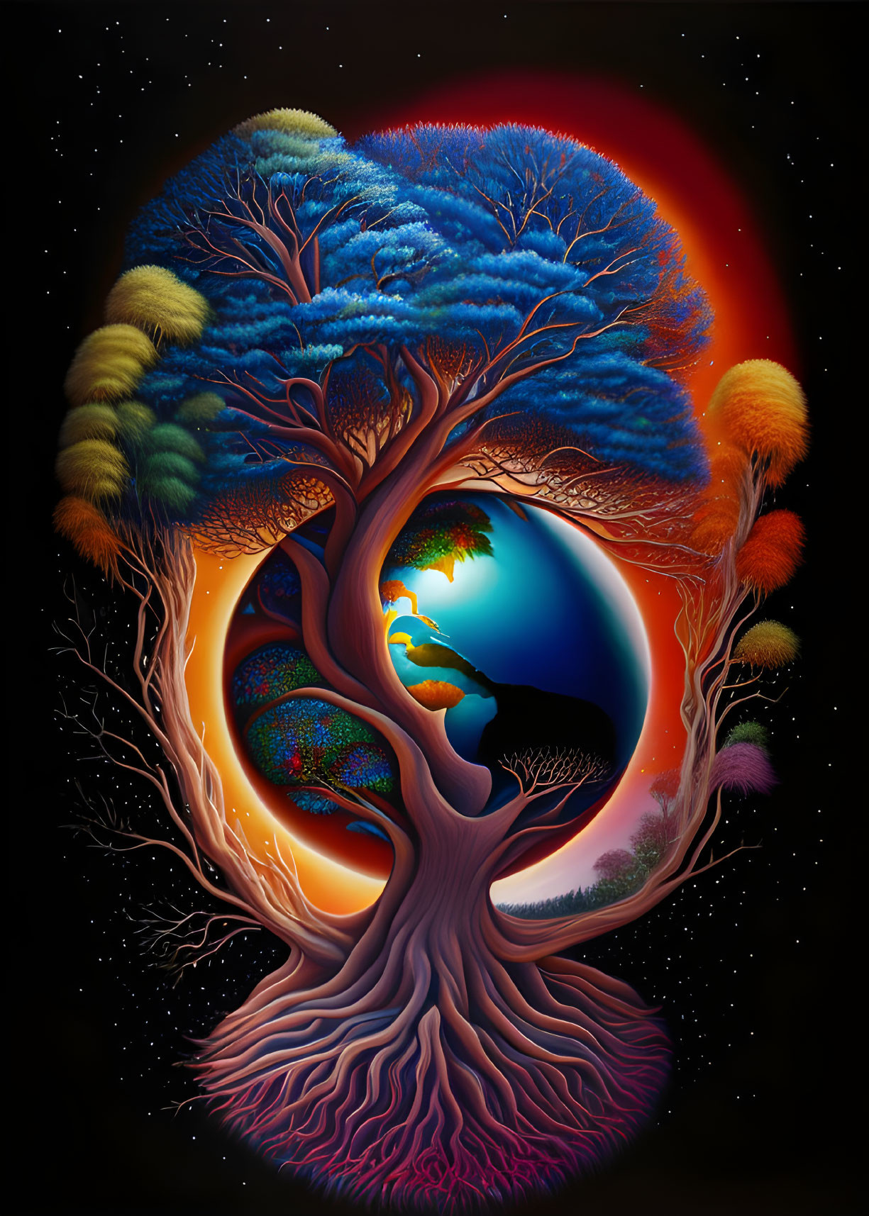 Colorful Tree Art with Cosmic Yin-Yang Background