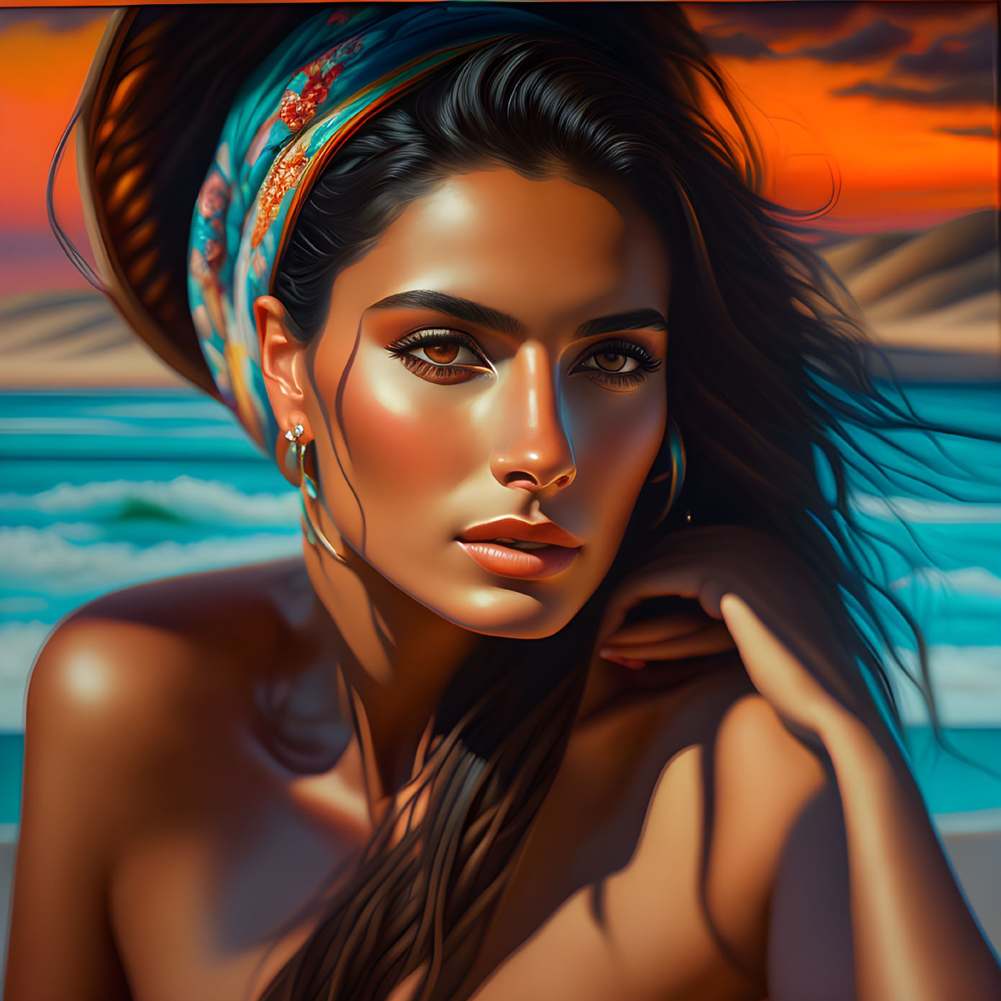 Portrait of a woman with striking eyes in headscarf against sunset beach