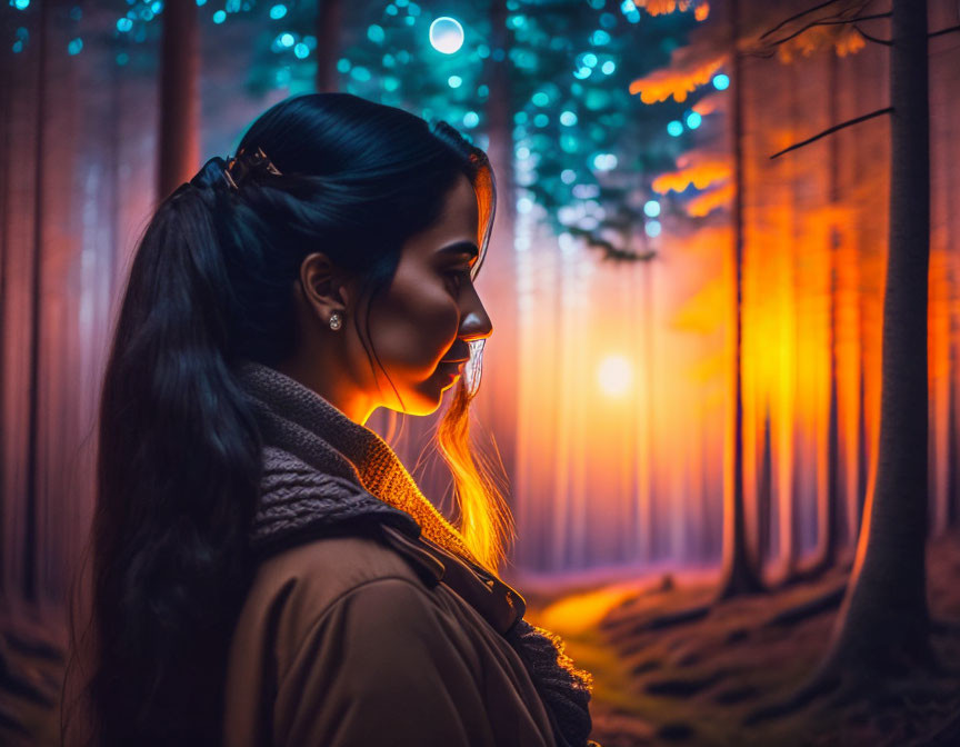 Profile of a Woman in Mystical Forest with Blue and Orange Hues