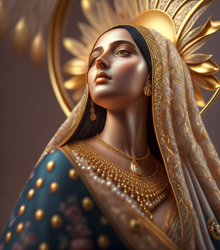 Detailed digital artwork of woman in gold headgear and cultural attire