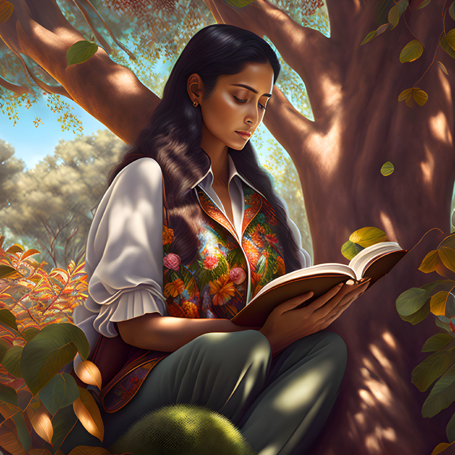 Woman reading book under tree in serene sunlight ambiance