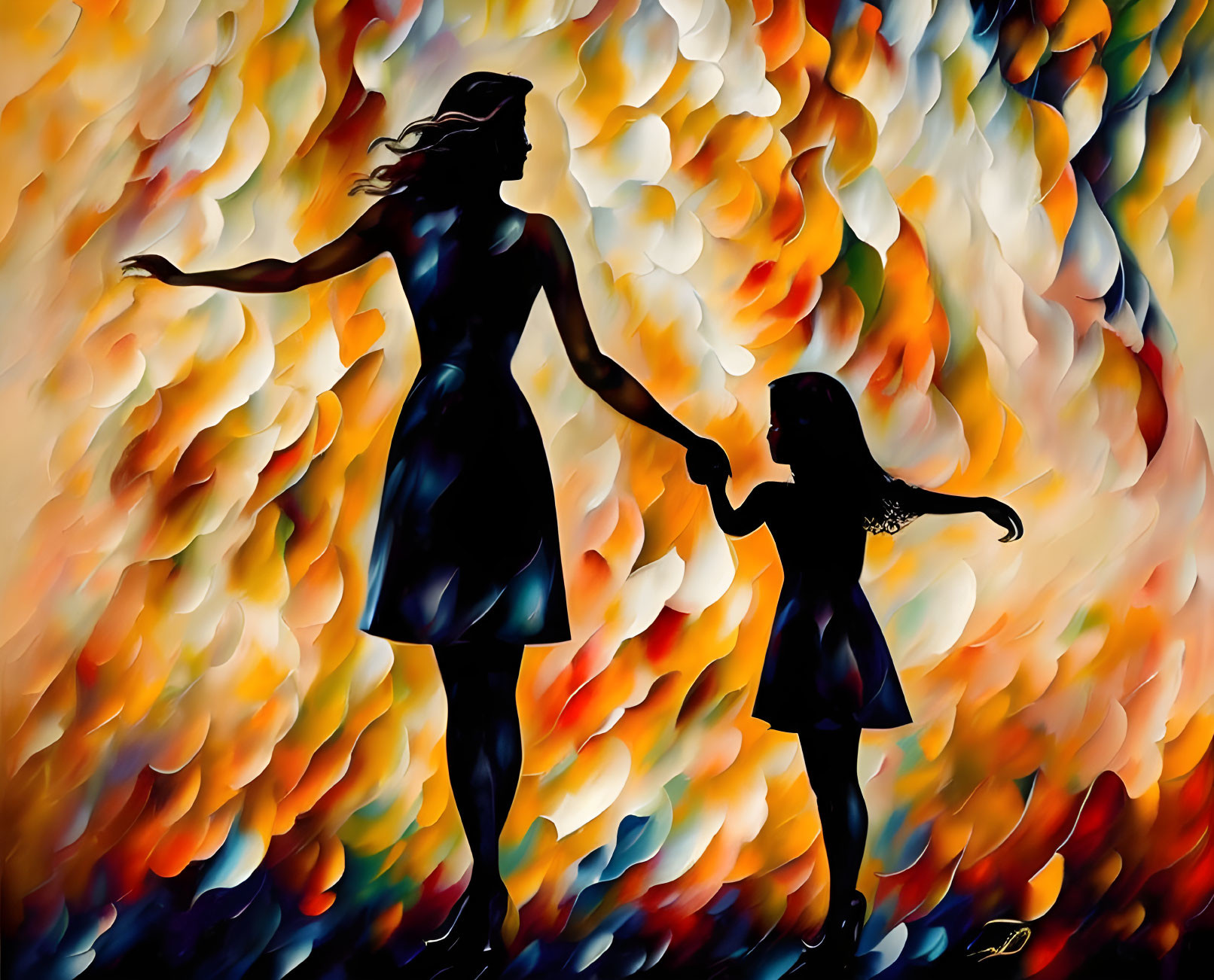 Abstract painting of adult and child holding hands against fiery background