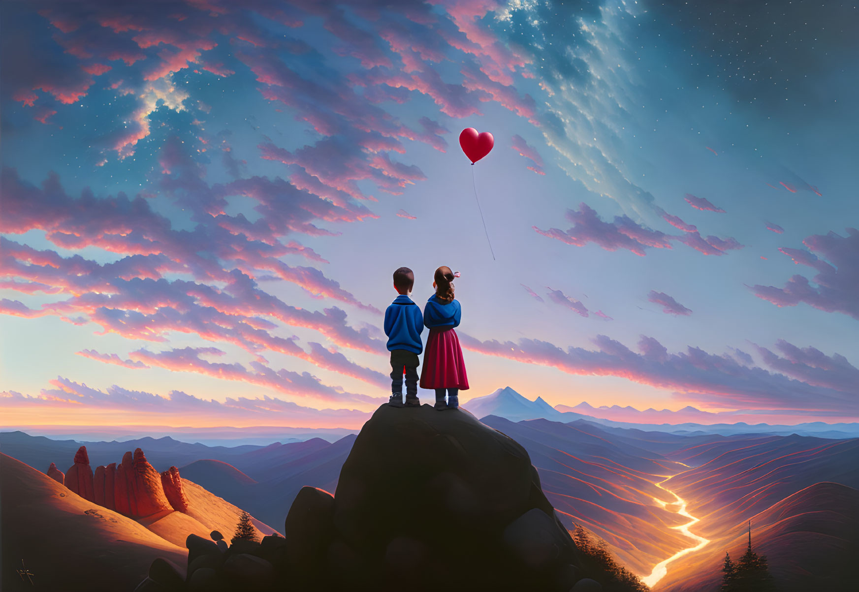 Children on rock with heart balloon in sunset to night sky view