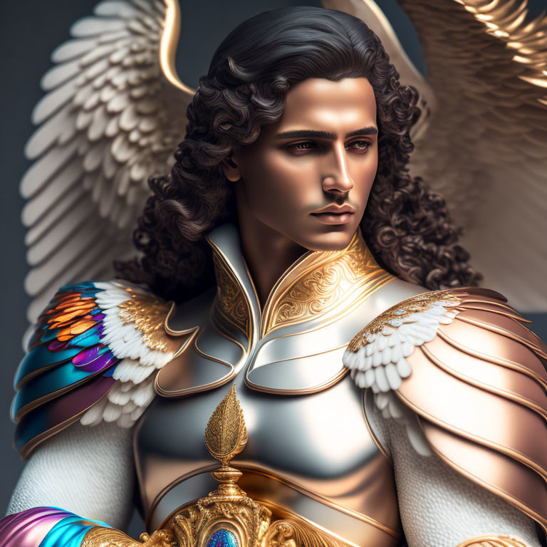 Digital artwork: Angelic figure in golden armor with white wings