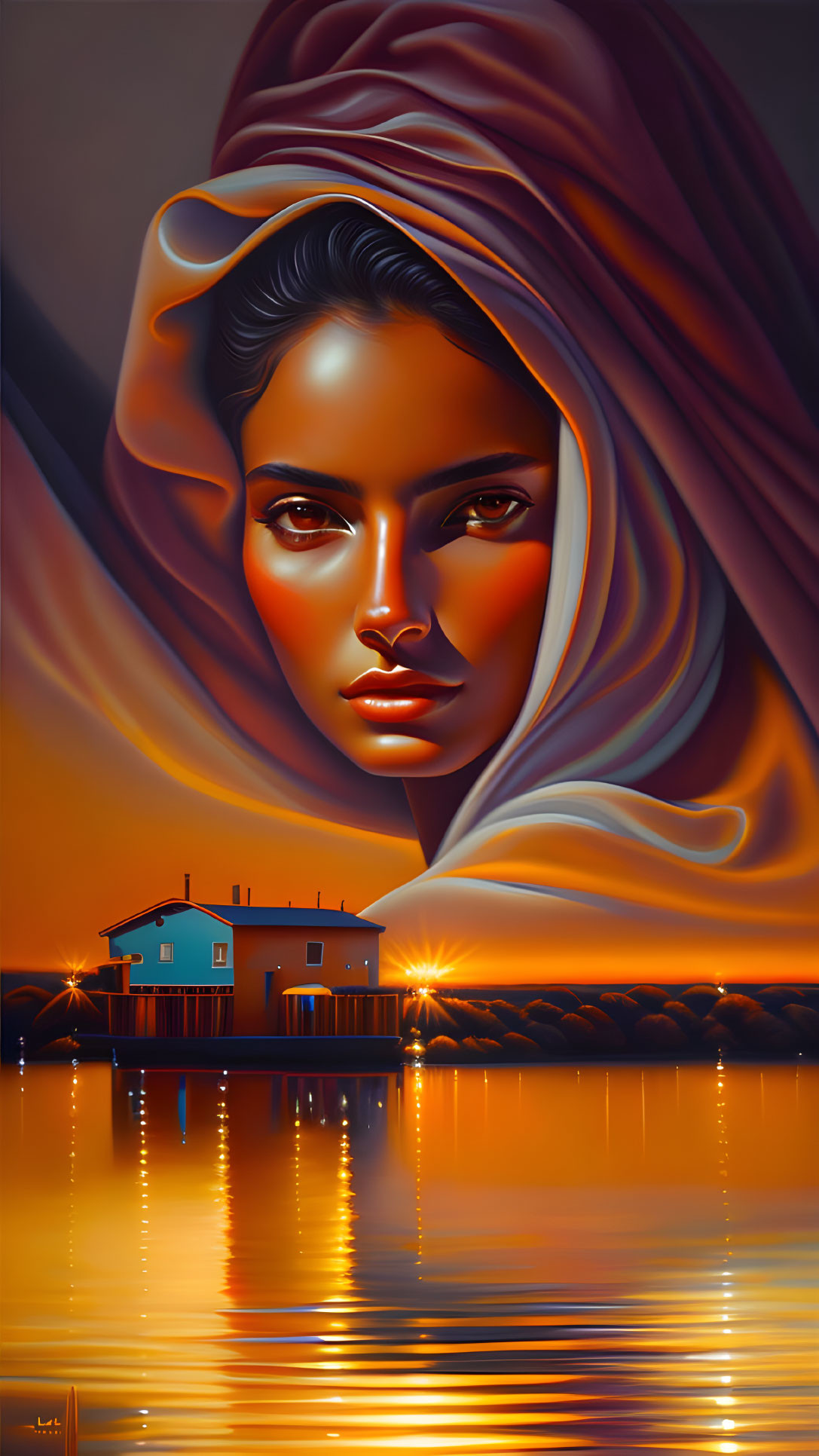 Surreal artwork of woman's face merged with flowing fabrics above lakeside house at sunset