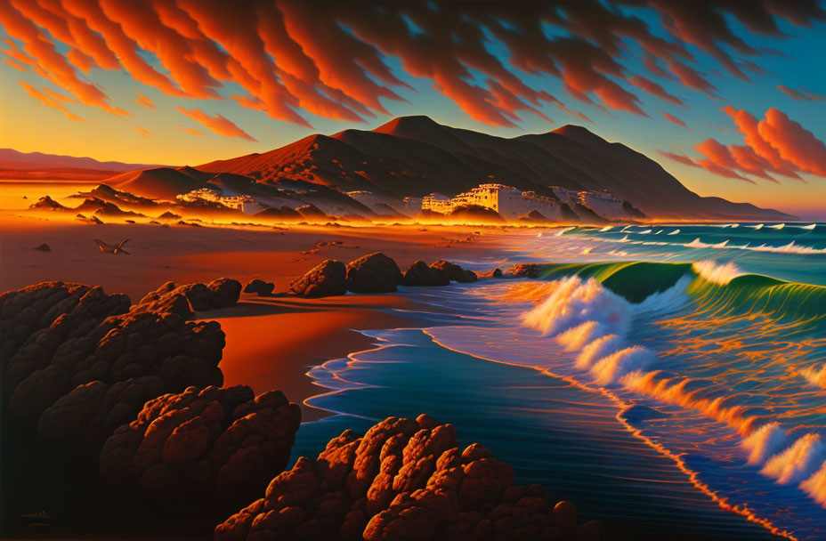 Colorful beachscape with rolling waves and mountain backdrop at sunset