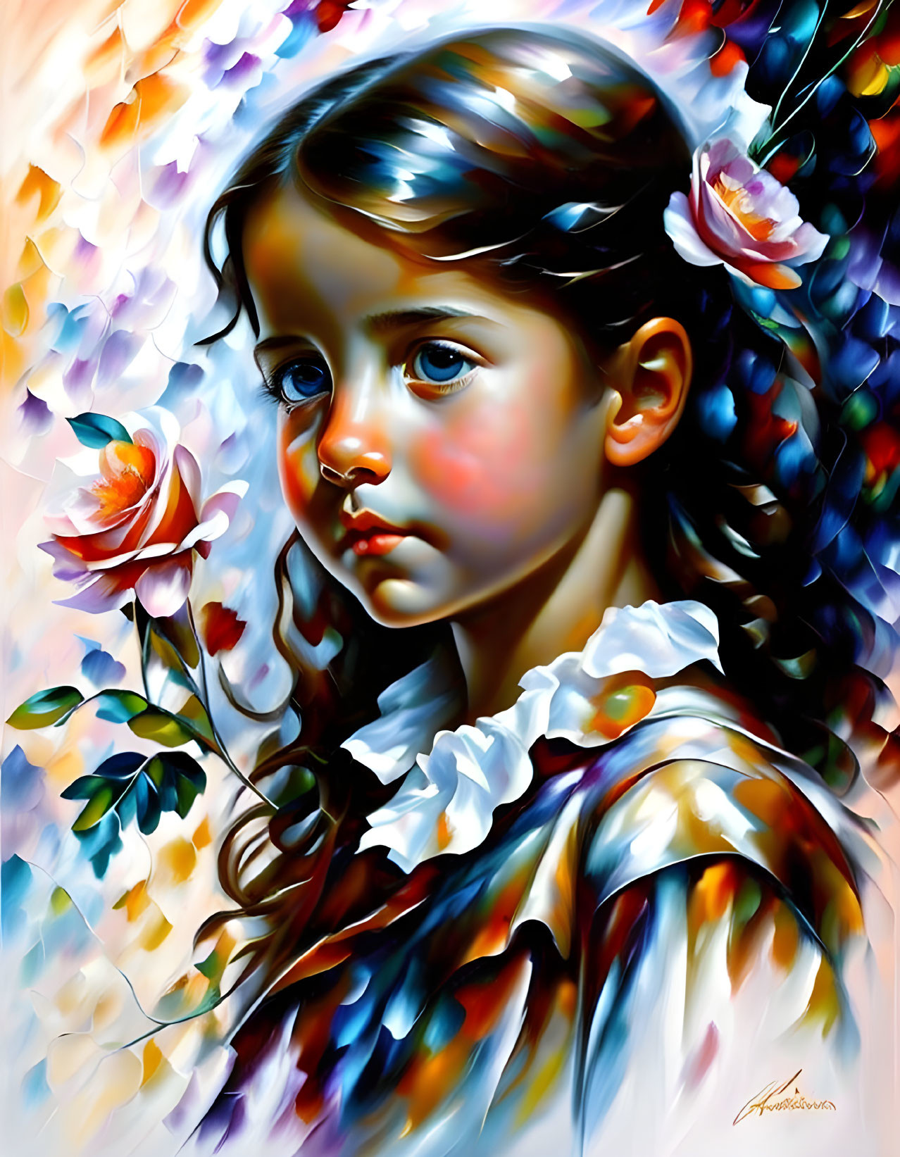 Portrait of Young Girl Among Vibrant Flowers and Leaves