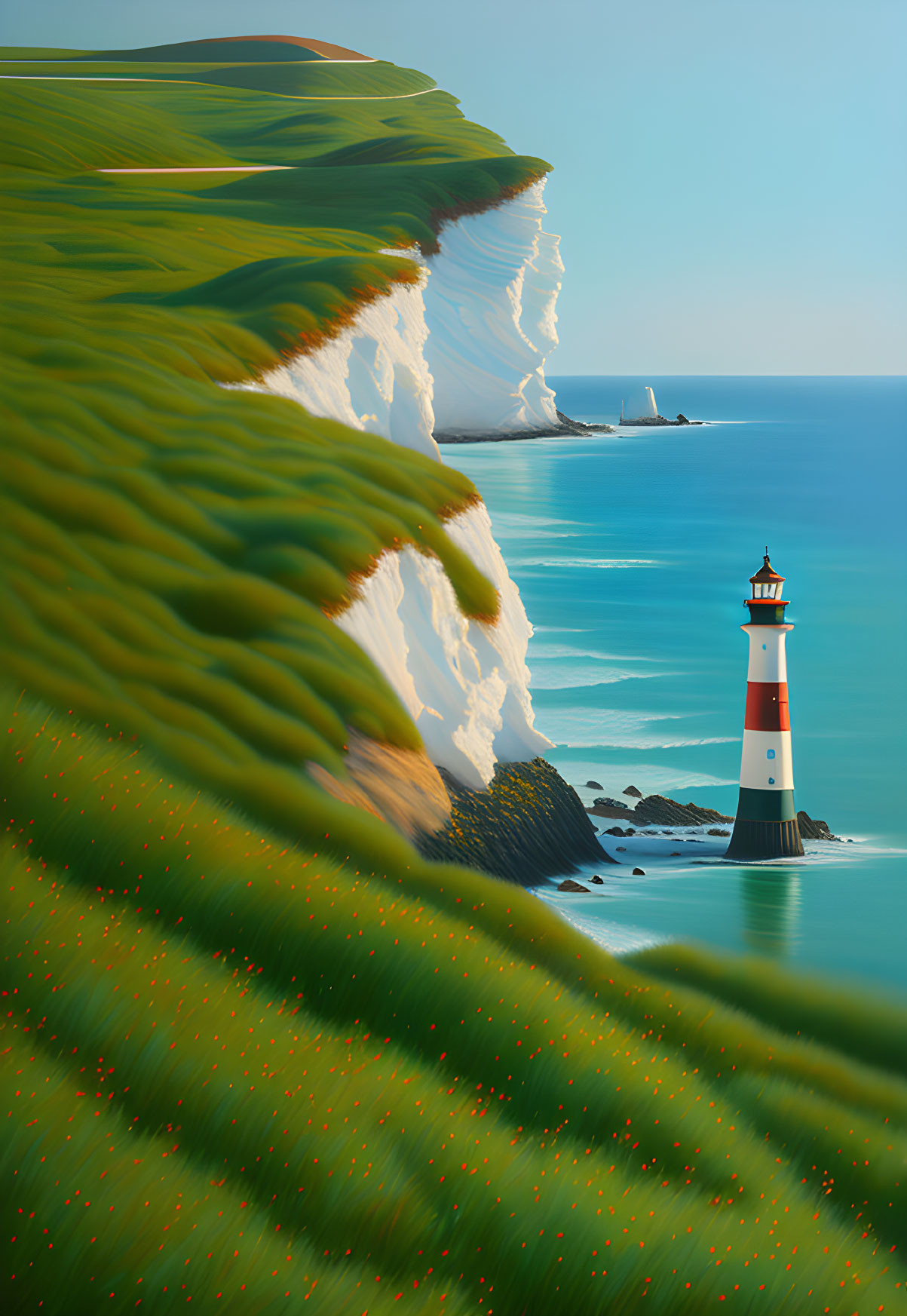 Scenic green hills, wildflowers, lighthouse, white cliffs, blue sea