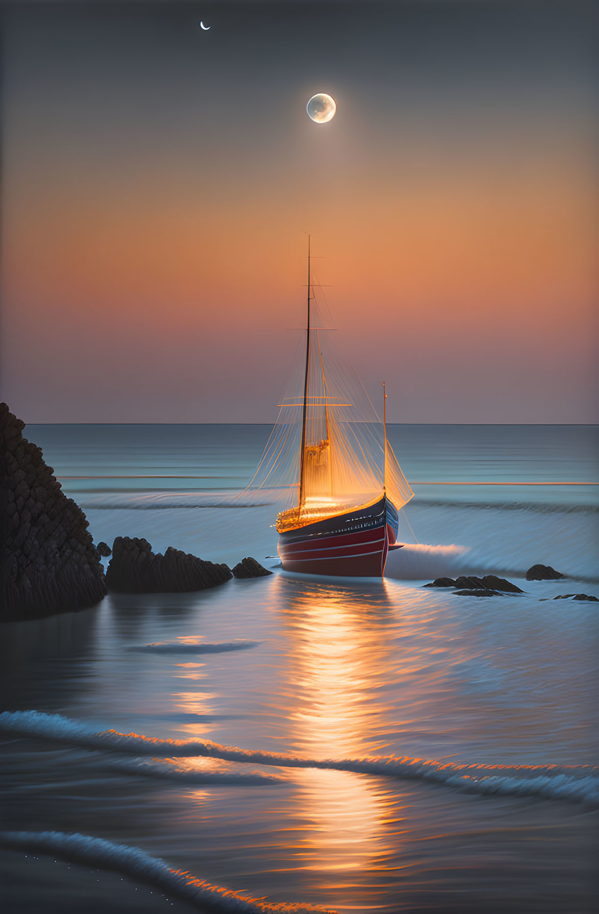 Twilight seascape with red-sailed ship, crescent moon, and sun reflections