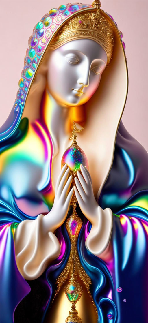 Colorful digital artwork of a saintly figure with multicolored orb