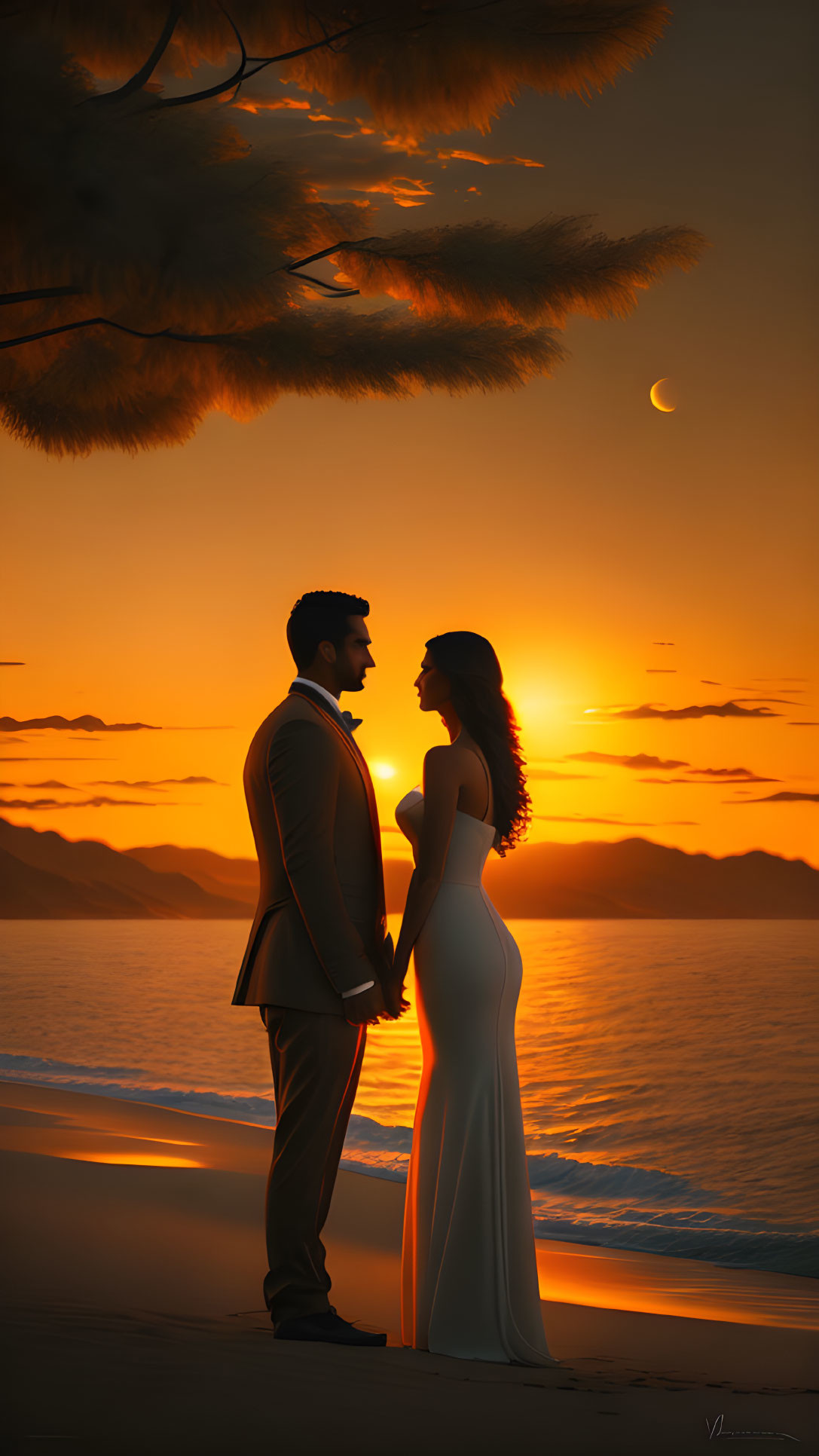 Silhouetted couple holding hands on beach at sunset with crescent moon