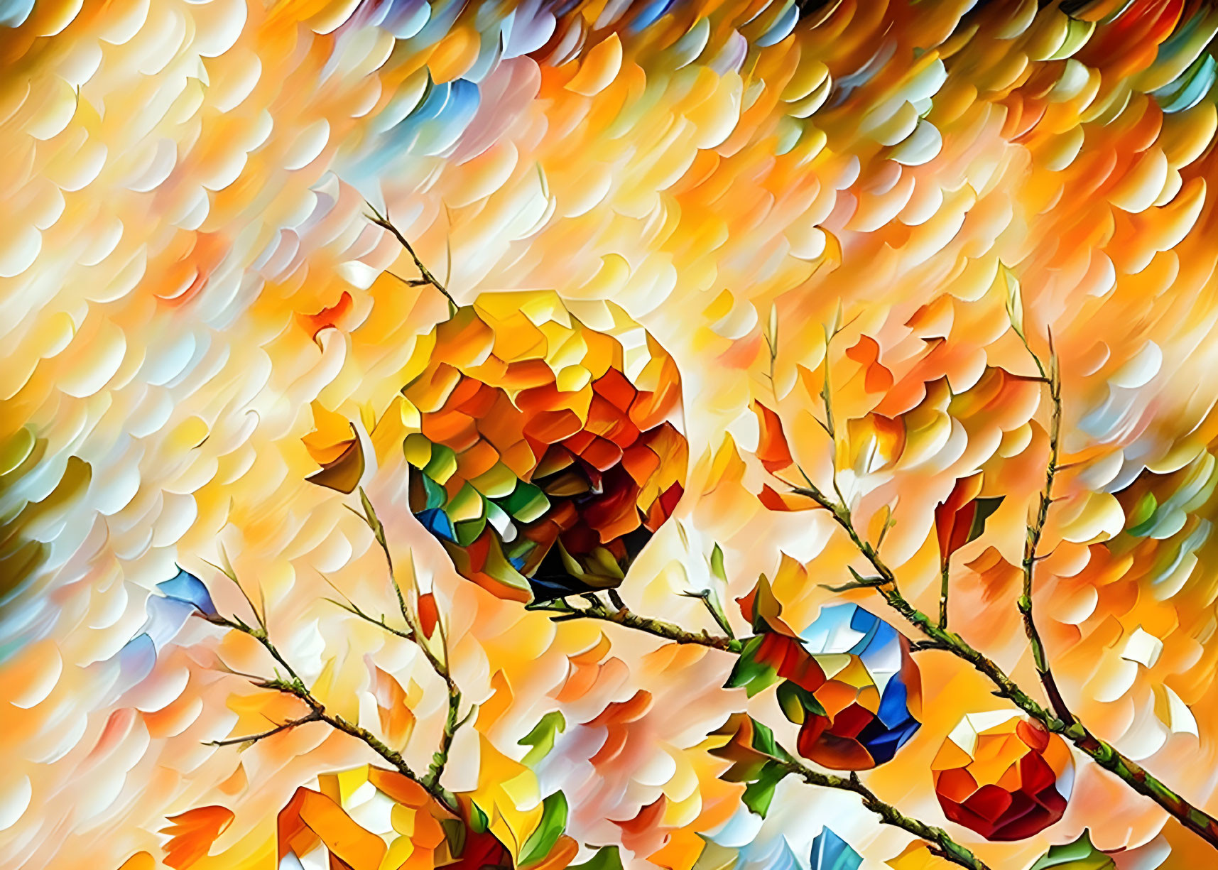 Vibrant abstract digital painting with spherical shape and autumn leaves