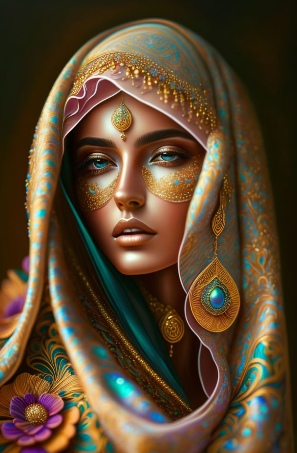 Digital Artwork: Woman with Gold Jewelry and Intricate Hijab Designs