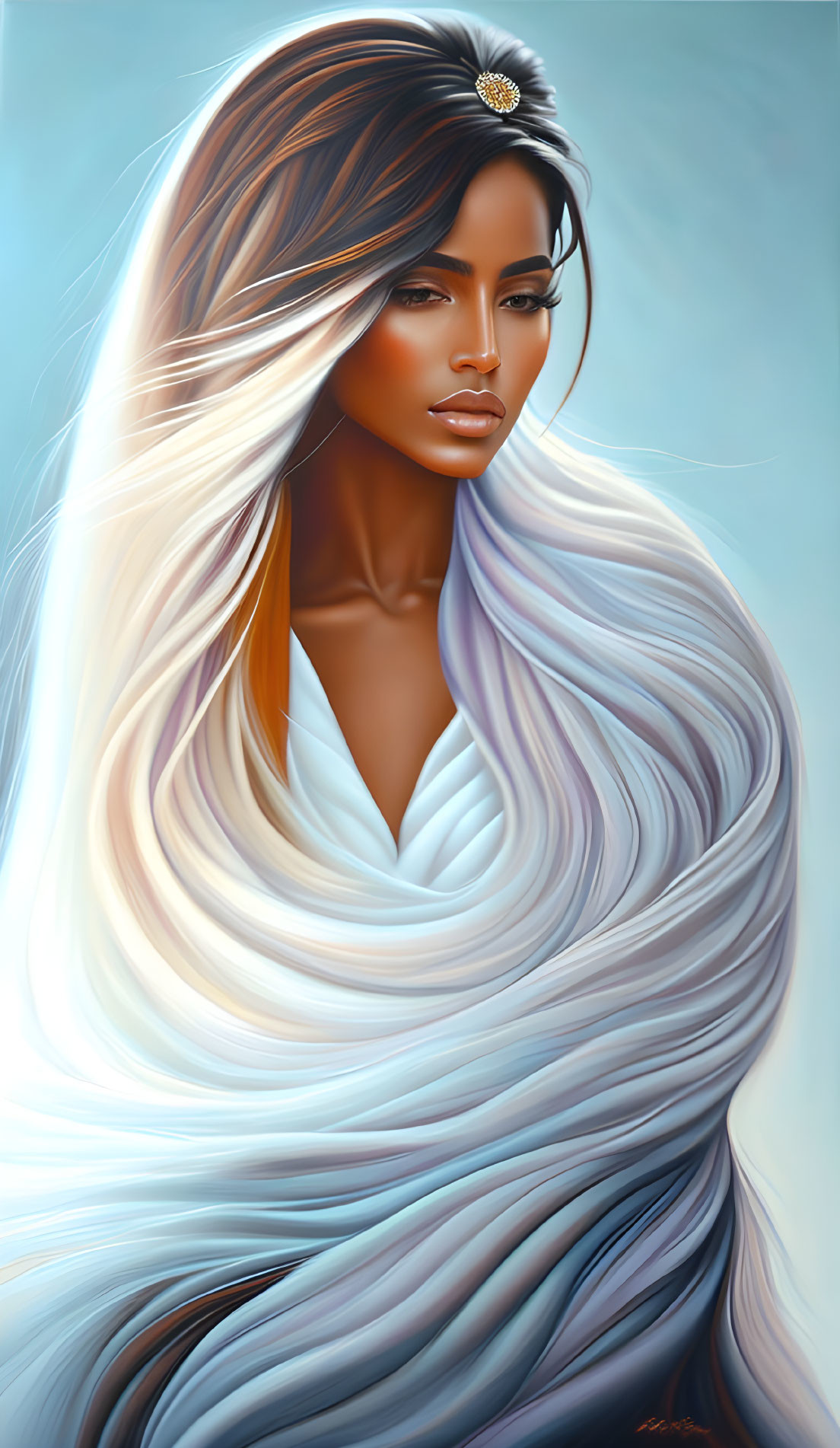 Digital portrait of woman with flowing hair and hairpiece on soft blue background