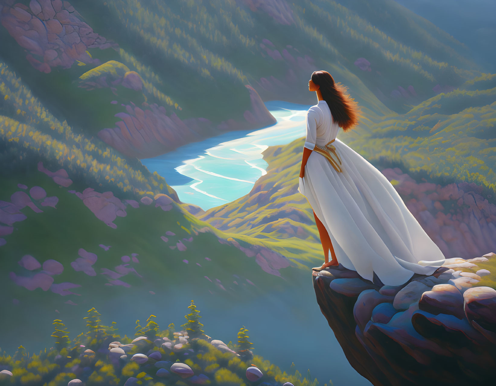 Woman in white dress on cliff overlooking river valley in warm sunlight