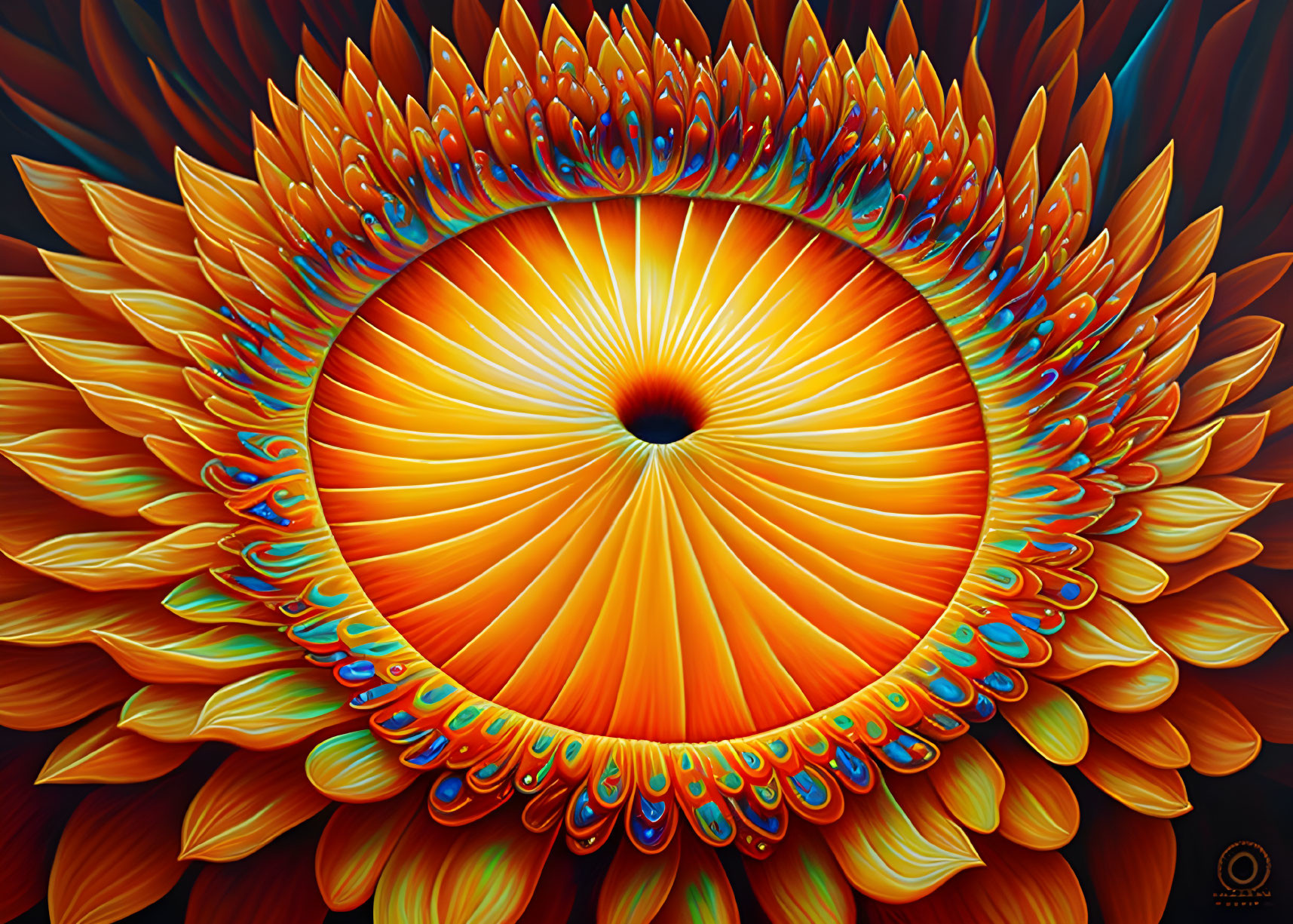 Colorful sunflower illustration with intricate petal patterns in orange, red, and blue.