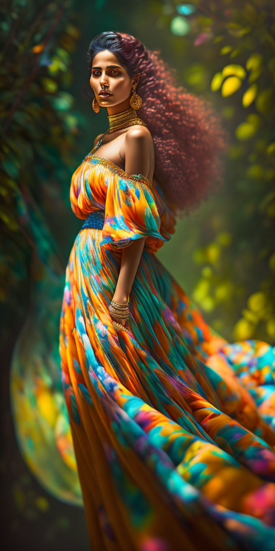 Woman in vibrant dress amidst lush foliage with dramatic pose and elegant jewelry.